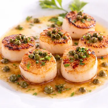Seared Scallops with Browned Butter Caper Sauce (Grenobloise)