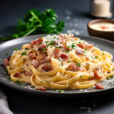 Fettuccini Carbonara on a black plate