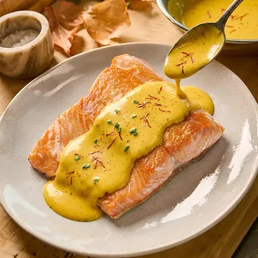 Seared Salmon with Saffron Hollandaise